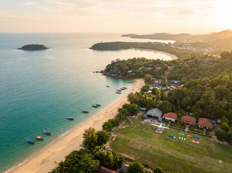 The waterfront and skyline at blue hour, Freefall Skydiving in Thailand.