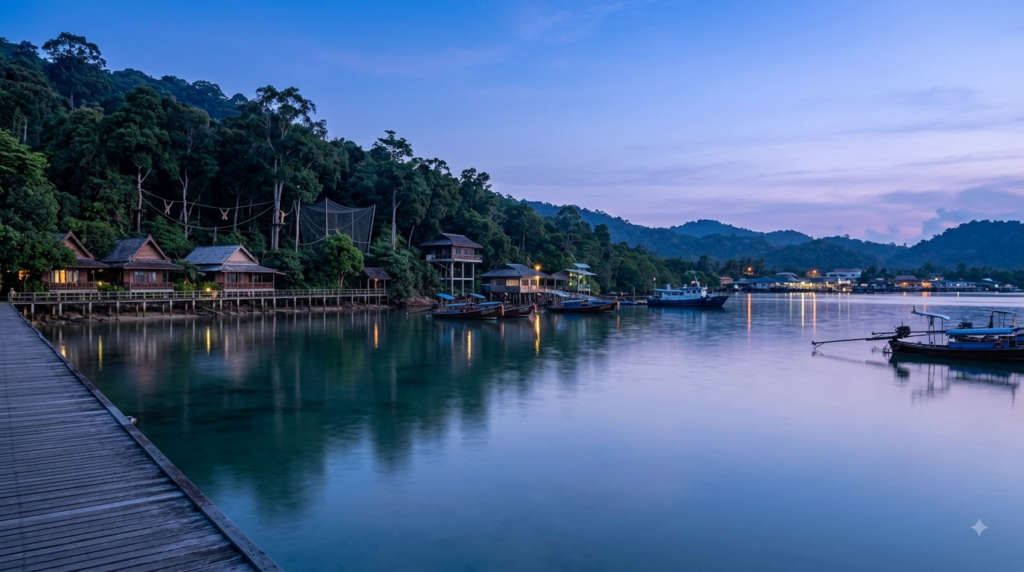 The waterfront and skyline at blue hour, The Gibbon Rehabilitation Project, Phuket.