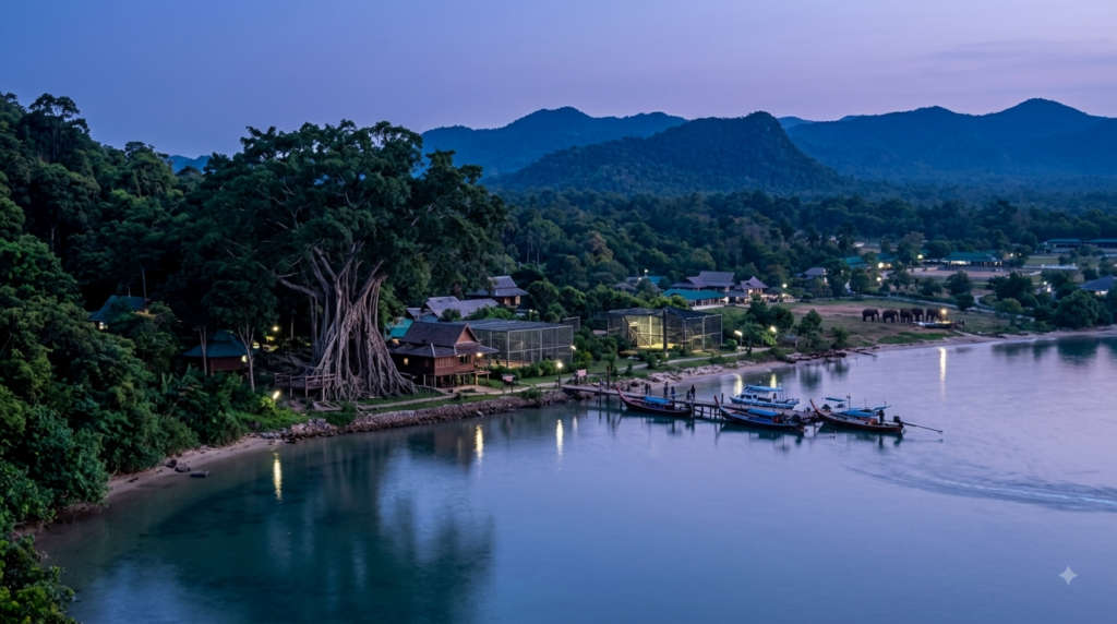 The waterfront and skyline at blue hour, Wildlife Friends Foundation Thailand (WFFT), Petchaburi, Thailand