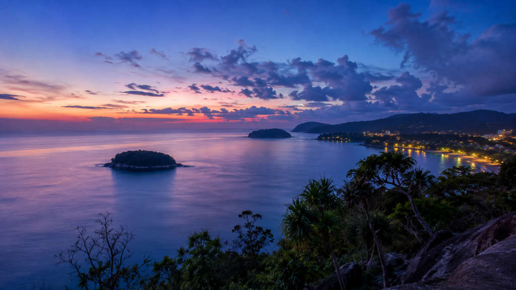 The waterfront and skyline at blue hour, Soi Dog Foundation, Phuket, Thailand