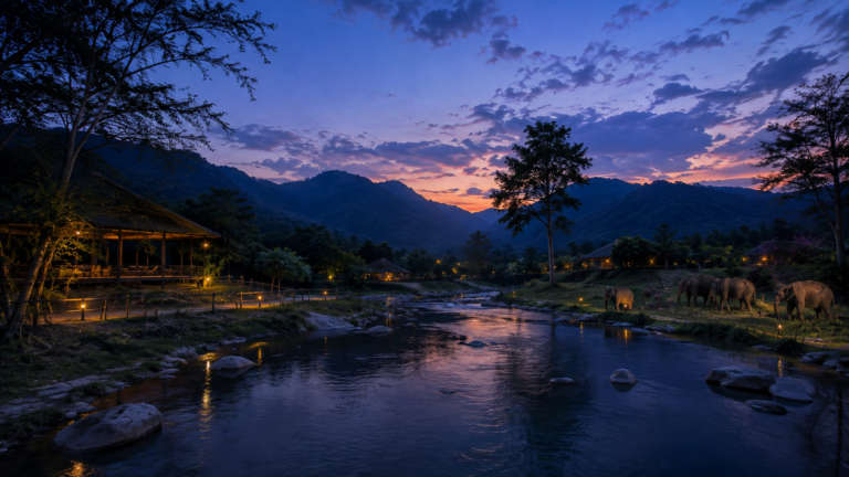 The waterfront and skyline at blue hour, Burm and Emily’s Elephant Sanctuary (BEES), Chiang Mai, Thailand