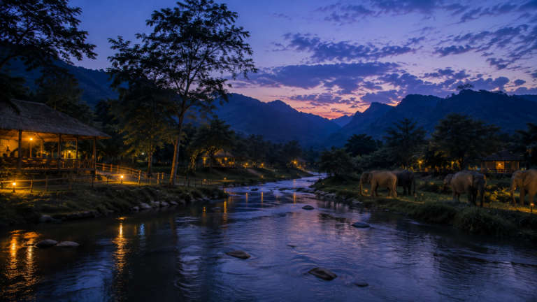The waterfront and skyline at blue hour, Boon Lott’s Elephant Sanctuary (BLES), Sukhothai, Thailand