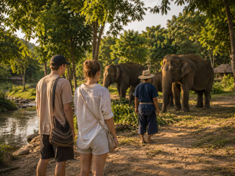Travellers exploring the area, Boon Lott’s Elephant Sanctuary (BLES), Sukhothai, Thailand