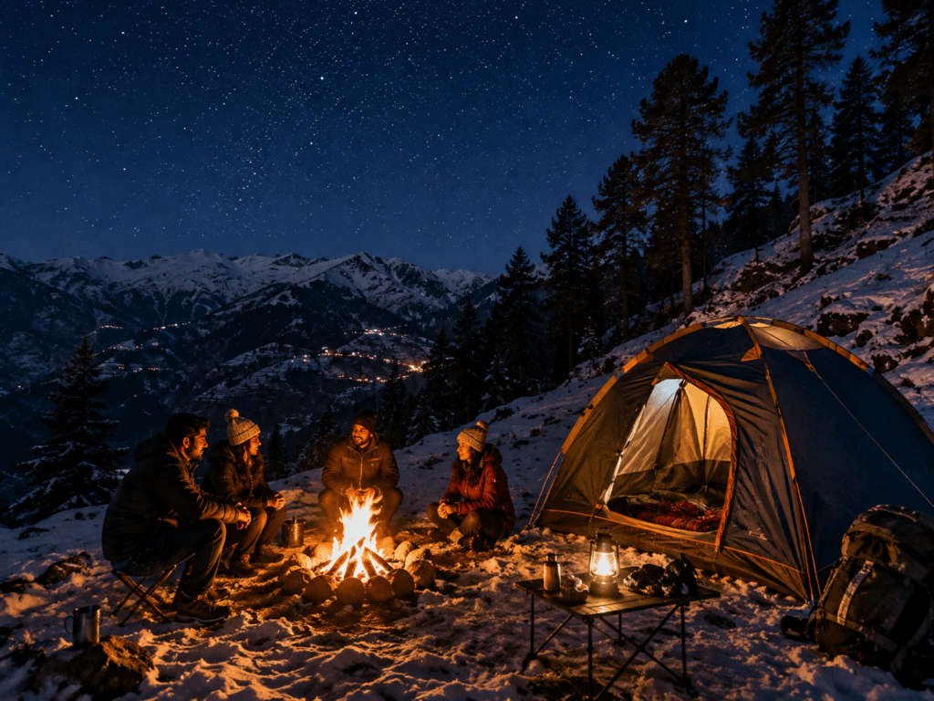Camp overnight with a bonfire under the stars