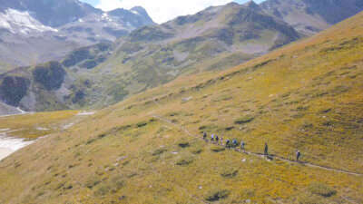 Top view of group of tourists walking along mountain path. Clip. Climbers walk along foothills trail with yellow grass. Beautiful mountain landscapes with snow-capped peaks open to climbers