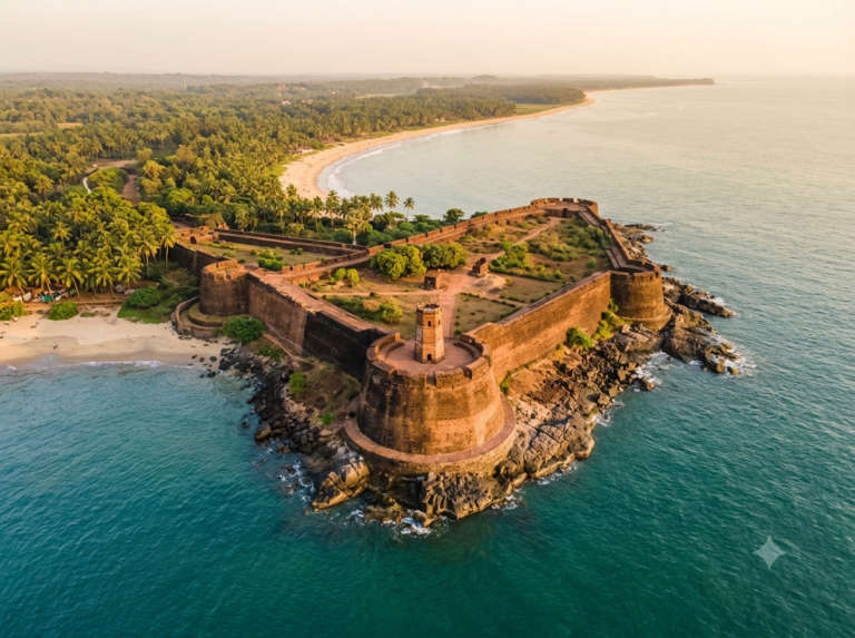 Aerial view of Bekal Fort, India, at golden hour