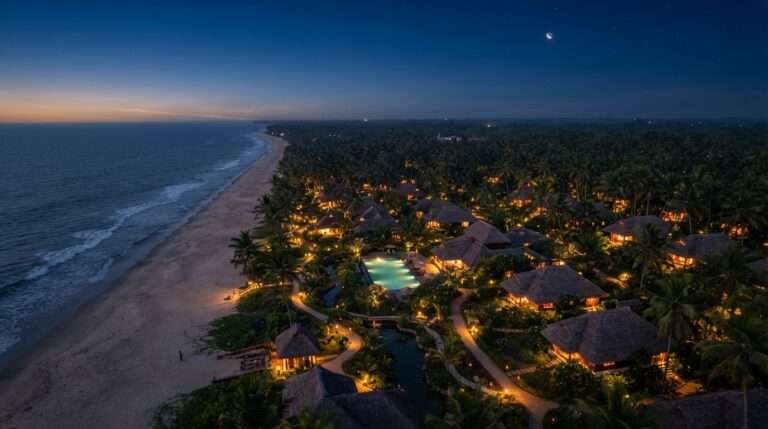 Aerial view of Marari Beach and the palm-lined resort at blue hour, Carnoustie Ayurveda And Wellness Resort, Kerala, India
