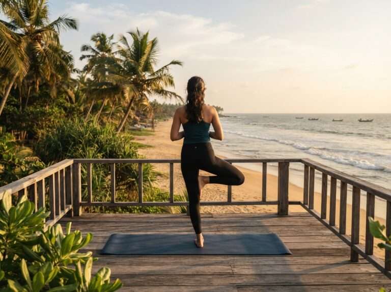 A guest doing morning yoga on a wooden deck facing Marari Beach, Carnoustie Ayurveda And Wellness Resort, Kerala, India