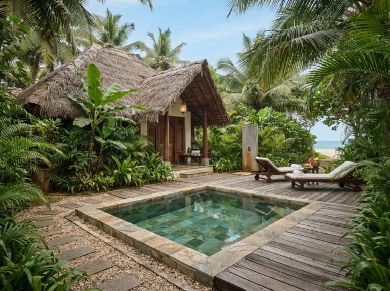 A thatched private pool villa among palms on Marari Beach, Carnoustie Ayurveda And Wellness Resort, Kerala, India