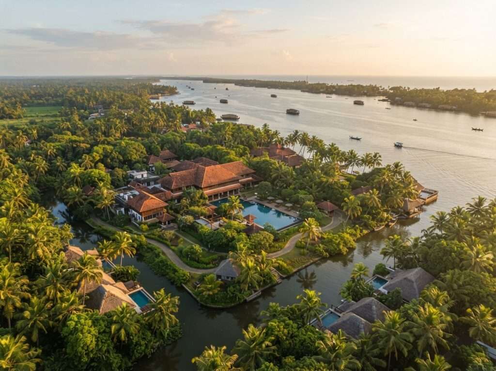 Aerial view of Carnoustie Ayurveda And Wellness Resort, Kerala, India, at golden hour