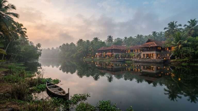 The quiet Chirayinkeezhu riverbank reflecting the boutique retreat, Mekosha Ayurveda Spasuites Retreat, Kerala, India