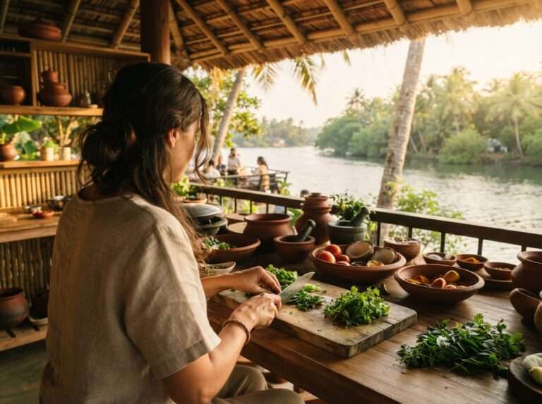 A guest at an Ayurvedic cooking class, chopping fresh local herbs, Mekosha Ayurveda Spasuites Retreat, Kerala, India