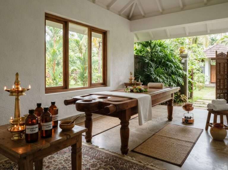 A spacious Spasuite with its own private wooden Ayurveda treatment table, Mekosha Ayurveda Spasuites Retreat, Kerala, India