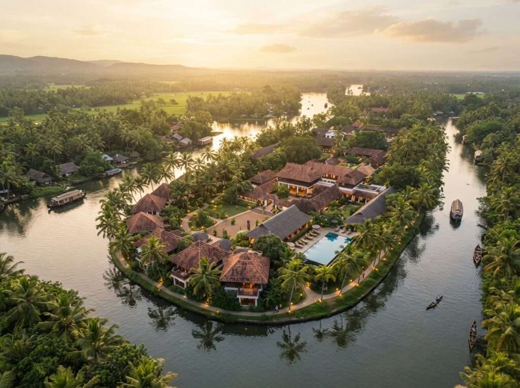 Aerial view of Mekosha Ayurveda Spasuites Retreat, Kerala, India, at golden hour