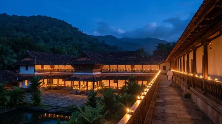 The palace and green Palakkad hills at blue hour with oil lamps lit along the corridors, Kalari Kovilakom, Kerala, India
