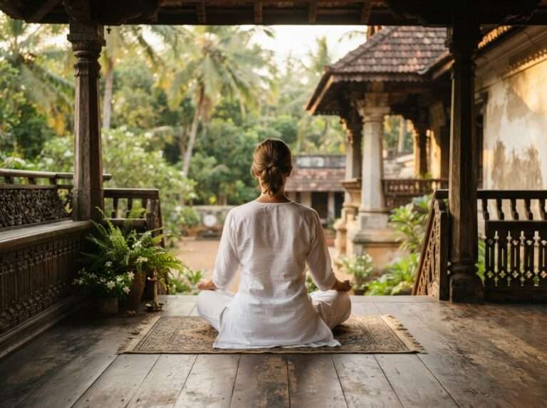 A guest in white cotton meditating on a palace verandah during a Panchakarma programme, Kalari Kovilakom, Kerala, India