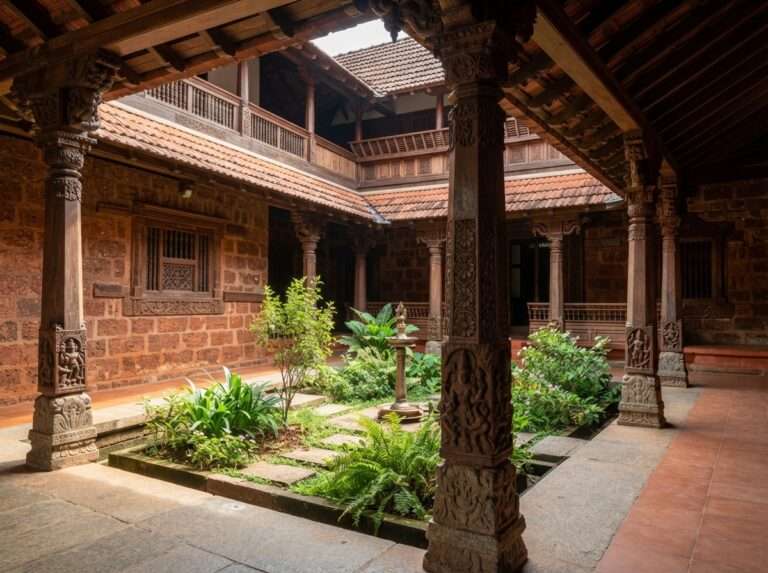 The restored palace courtyard with carved teak pillars, Kalari Kovilakom, Kerala, India