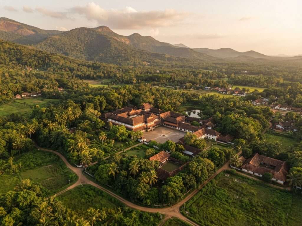 Aerial view of Kalari Kovilakom, Kerala, India, at golden hour