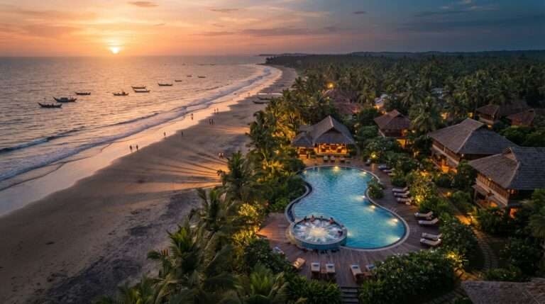 Aerial view of Nattika Beach coastline and the resort pool with jacuzzi, Nattika Beach Ayurveda Resort, Kerala, India