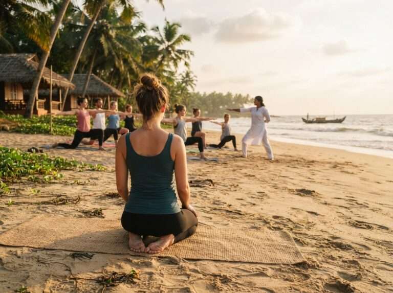 A guest on a yoga mat on the sand at Nattika Beach, Nattika Beach Ayurveda Resort, Kerala, India