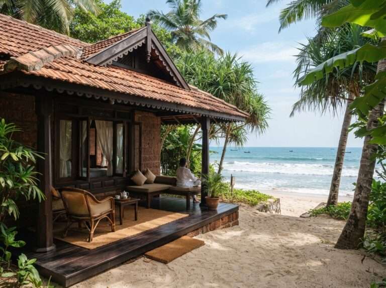 Traditional villas facing the sea beside Nattika Beach, Thrissur, Nattika Beach Ayurveda Resort, Kerala, India