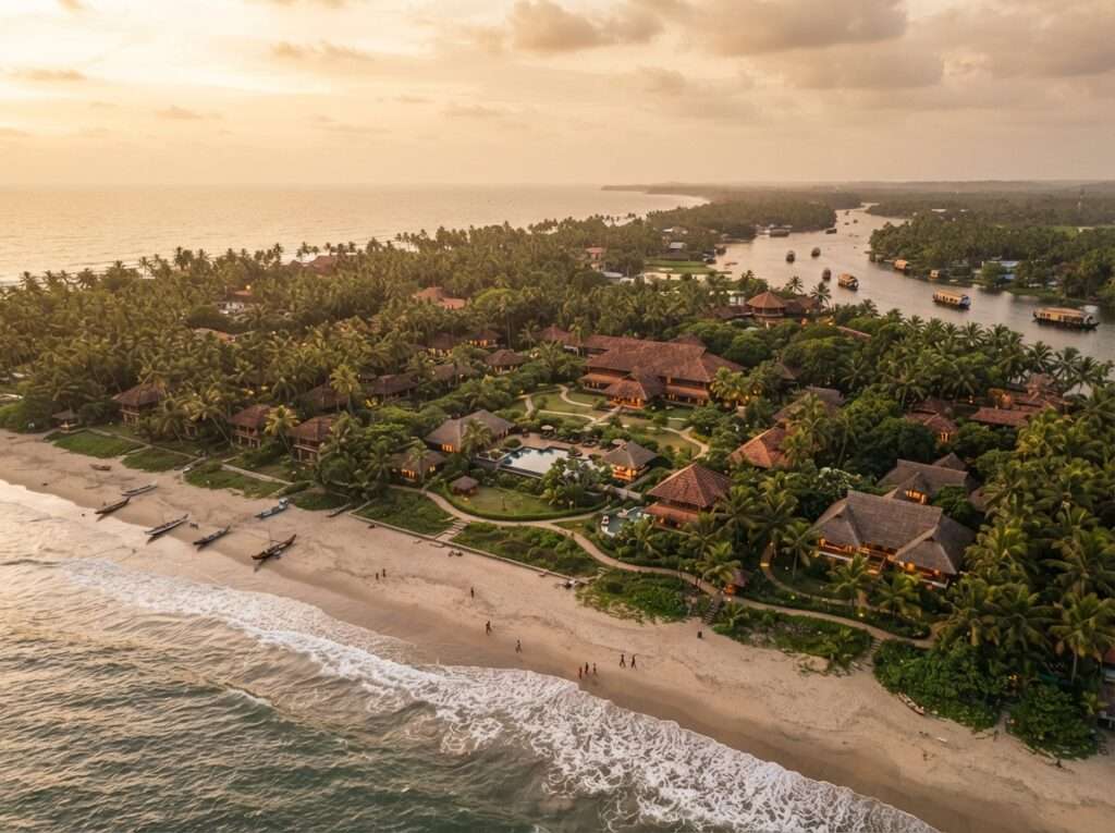 Aerial view of Nattika Beach Ayurveda Resort, Kerala, India, at golden hour