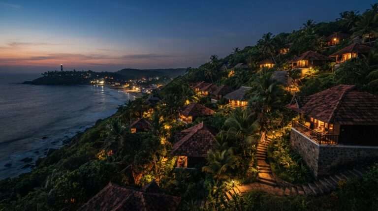 The Kovalam coastline from the resort hillside at dusk, Somatheeram Ayurvedic Health Resort, Kerala, India