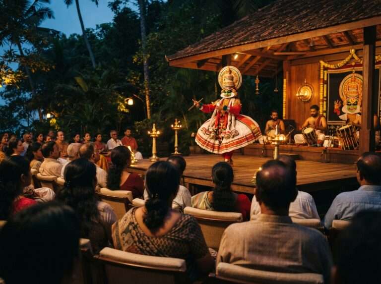 An evening Kathakali performance seen from the back of the audience, Somatheeram Ayurvedic Health Resort, Kerala, India