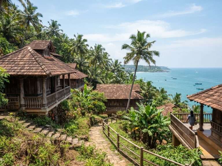 Kerala tharavad cottages on a palm-clad hill above the Kovalam sea, Somatheeram Ayurvedic Health Resort, Kerala, India