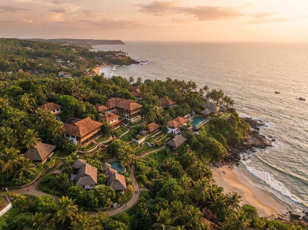 Aerial view of Somatheeram Ayurvedic Health Resort, Kerala, India, at golden hour