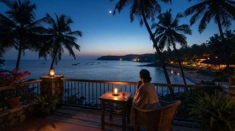 The palm-fringed sea view from the resort terrace at blue hour, calm water, ShinShiva Ayurvedic Resort, Kerala, India