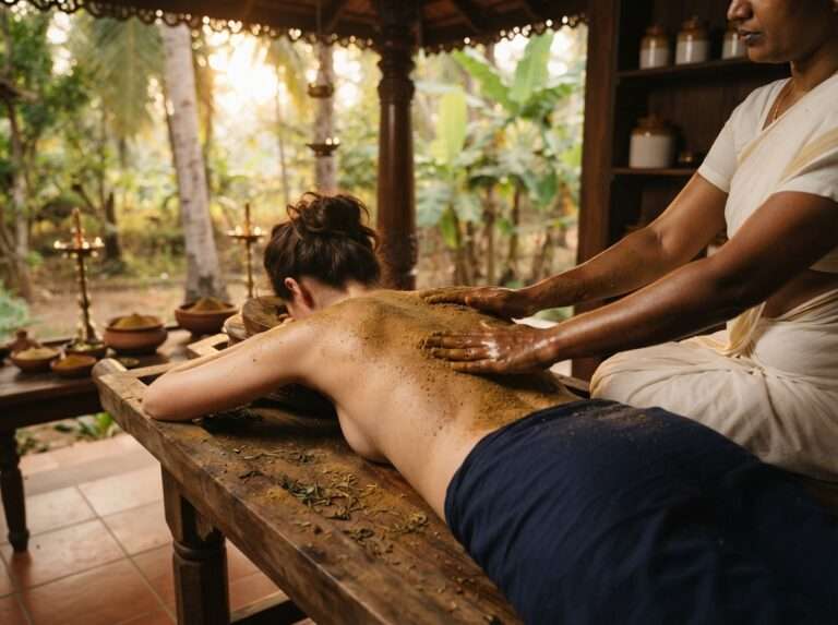 A guest receiving an Udwarthanam herbal powder massage, therapist's hands only, ShinShiva Ayurvedic Resort, Kerala, India