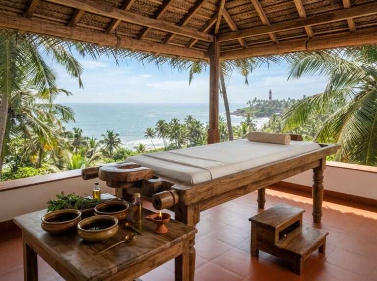A palm-fringed Ayurveda treatment room overlooking the sea at Kovalam, ShinShiva Ayurvedic Resort, Kerala, India