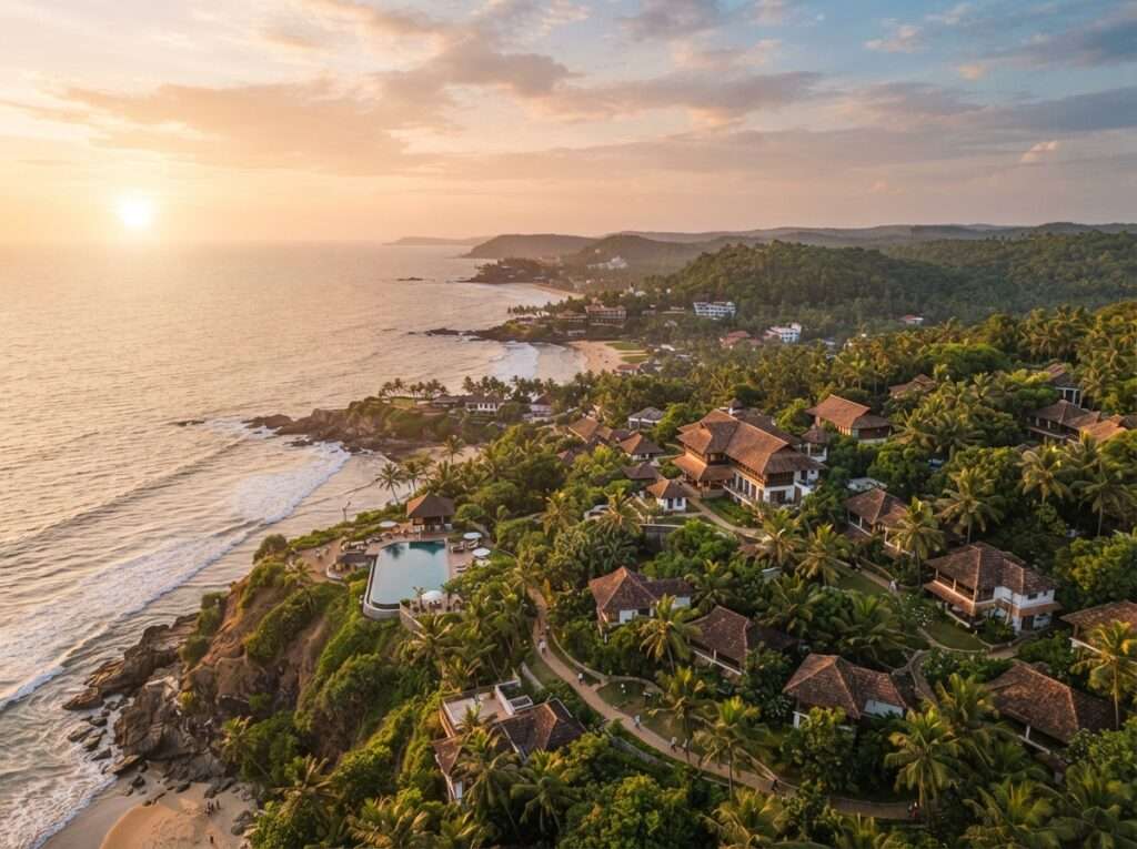 Aerial view of ShinShiva Ayurvedic Resort, Kerala, India, at golden hour