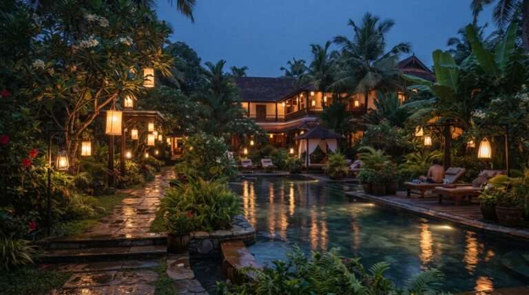 The resort garden and pool at twilight with soft lantern light, Ideal Ayurvedic Resort, Kerala, India