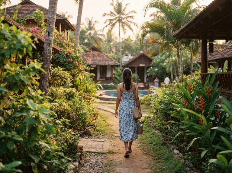 A guest walking through the resort garden near Kovalam, Ideal Ayurvedic Resort, Kerala, India