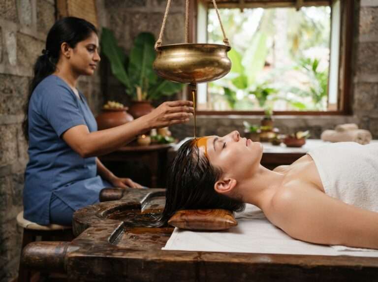 A Shirodhara treatment in progress, warm herbal oil streaming from a brass vessel, Ideal Ayurvedic Resort, Kerala, India