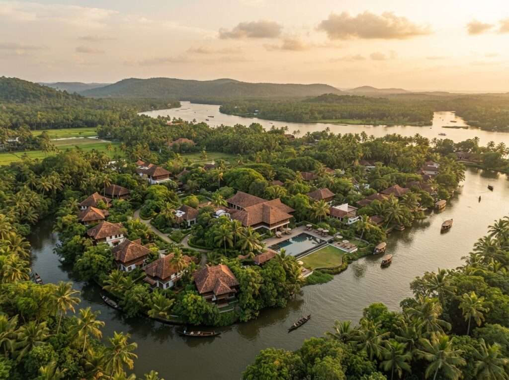 Aerial view of Ideal Ayurvedic Resort, Kerala, India, at golden hour