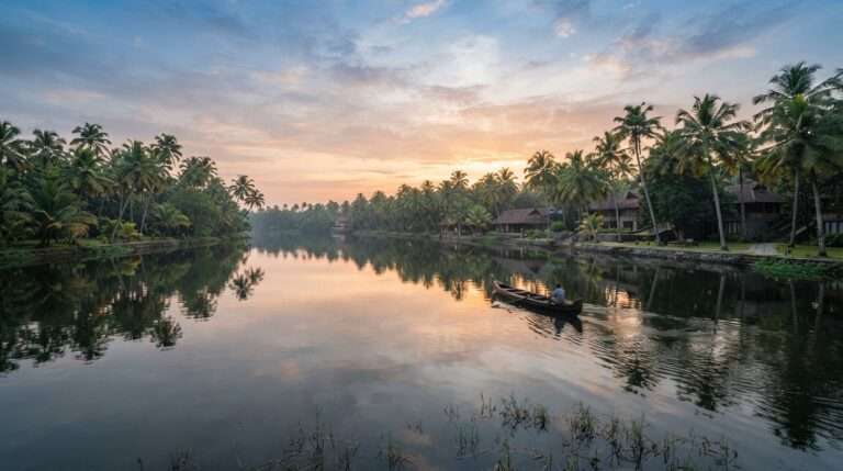 The lake and coconut plantations reflected in still water at sunrise, Beach And Lake Ayurvedic Resort, Kerala, India
