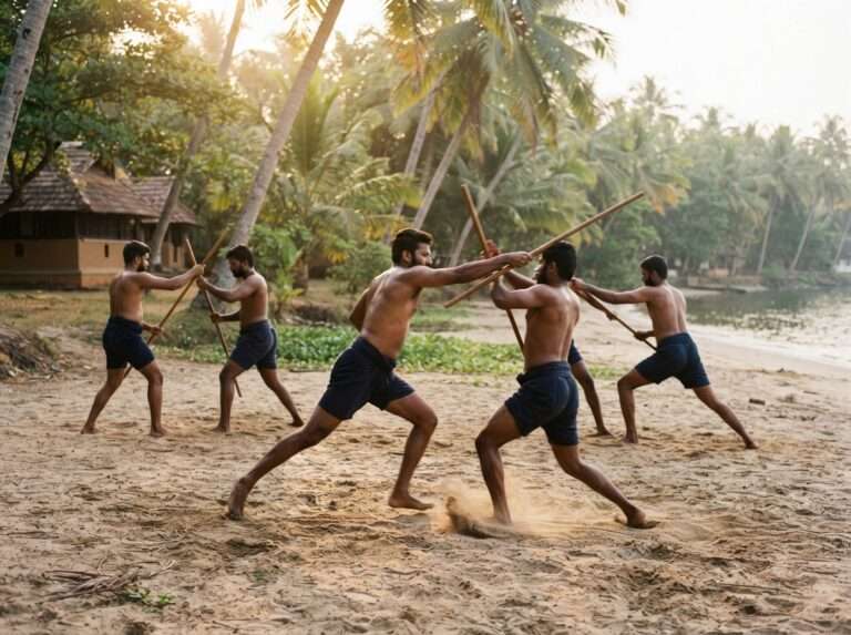 A Kalaripayattu martial-arts session on a sandy ground, Beach And Lake Ayurvedic Resort, Kerala, India