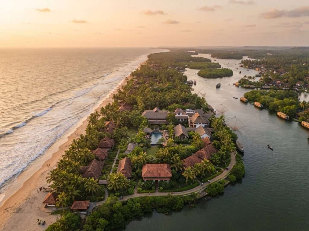 Aerial view of Beach And Lake Ayurvedic Resort, Kerala, India, at golden hour
