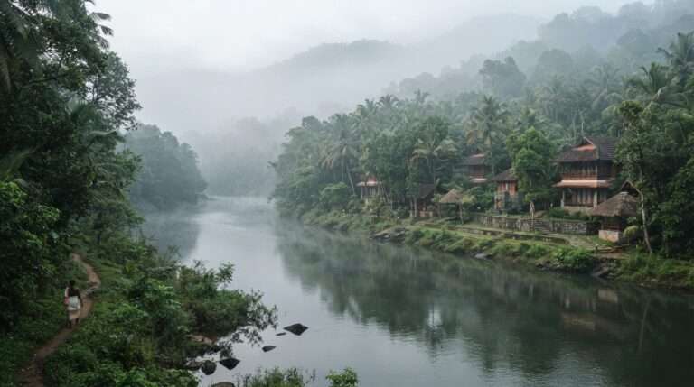 The Chalakkudy river and forested banks in morning mist, Kandamkulathy Ayursoukhyam Ayurveda Health Resorts, Kerala, India