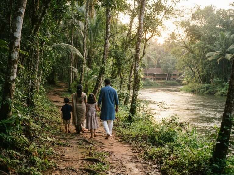 A family walking along the Chalakkudy riverbank, Kandamkulathy Ayursoukhyam Ayurveda Health Resorts, Kerala, India