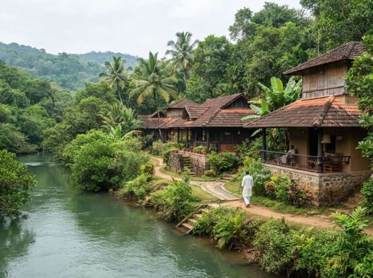 Ayurveda cottages on the Chalakkudy riverbank, Kandamkulathy Ayursoukhyam Ayurveda Health Resorts, Kerala, India
