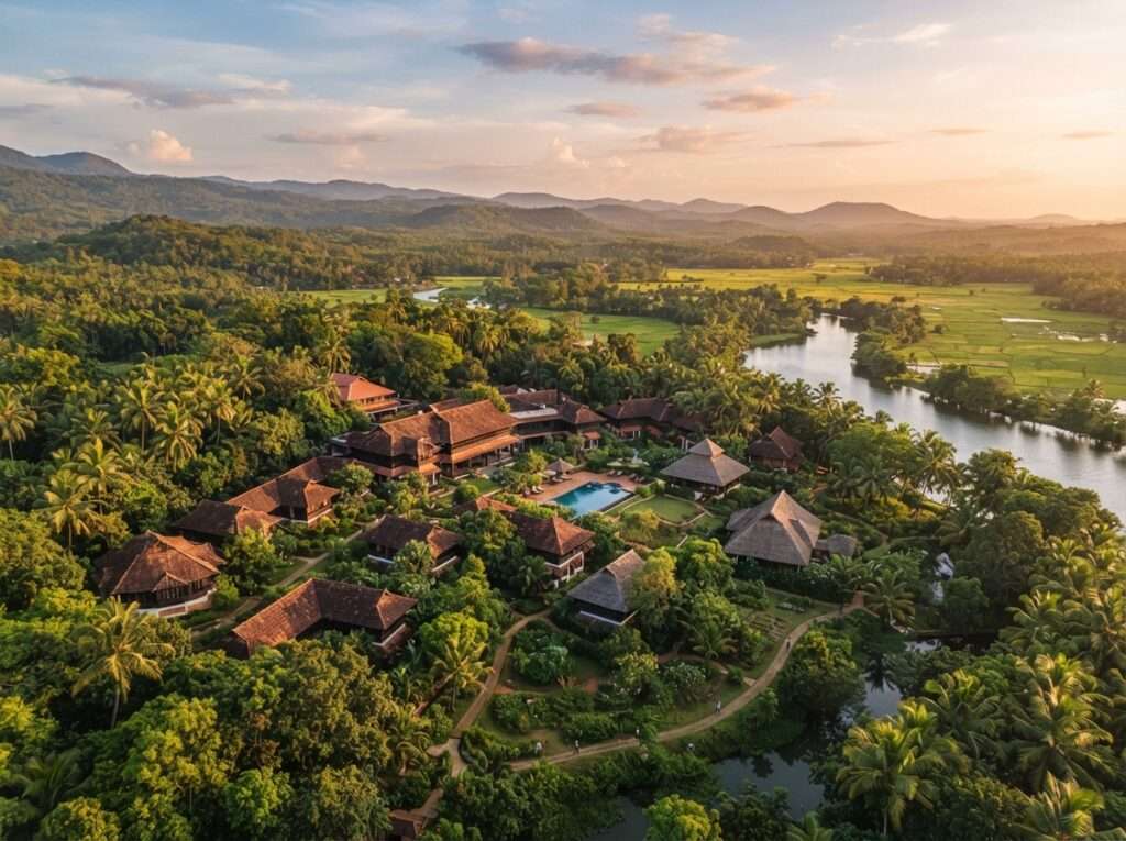 Aerial view of Kandamkulathy Ayursoukhyam Ayurveda Health Resorts, Kerala, India, at golden hour