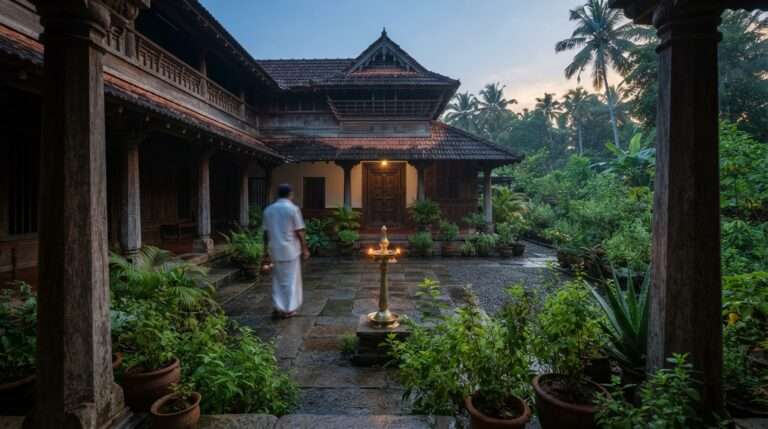 A guest walking through the Ayurvedic herb garden on the family estate, Perumbayil Ayurveda Mana, Kerala, India
