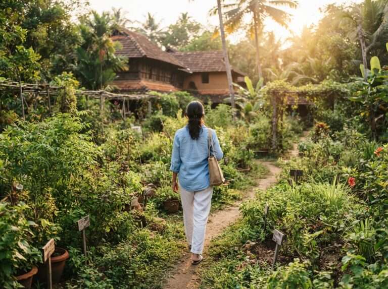 A guest walking through the Ayurvedic herb garden on the family estate, Perumbayil Ayurveda Mana, Kerala, India