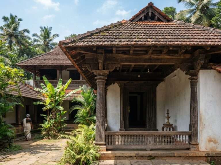 A traditional Kerala mana (ancestral family home) with sloping tiled roof, Perumbayil Ayurveda Mana, Kerala, India
