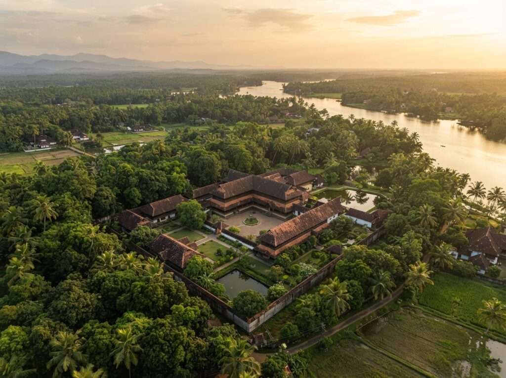 Aerial view of Perumbayil Ayurveda Mana, Kerala, India, at golden hour