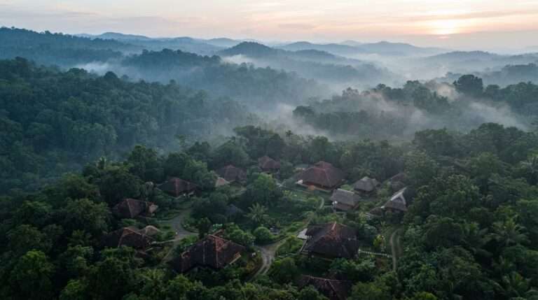Aerial view of the misty Wayanad forest canopy at dawn with the villa roofs below, Ayurveda Yoga Villa, Kerala, India